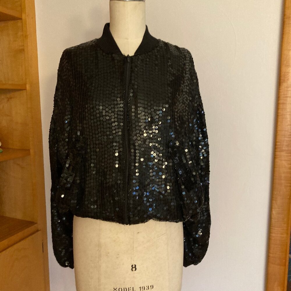 Black Sequin Bomber Jacket - image 1